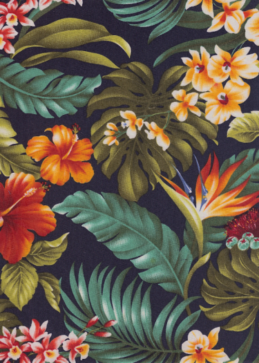 20moha Bird of Paradise, hibiscus, ginger with orchid flowers, cotton vintage Hawaiian apparel fabric.