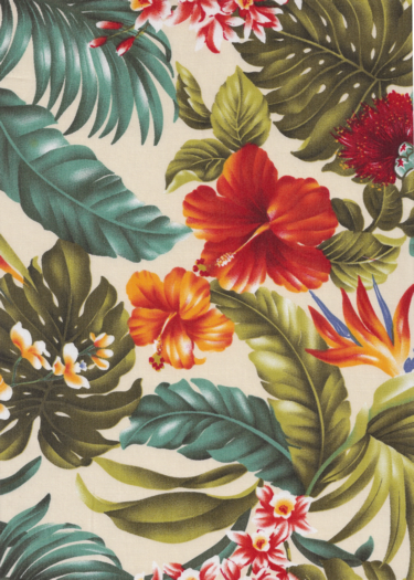 20moha Birds - Bird of Paradise, hibiscus, ginger with orchid flowers, cotton vintage Hawaiian apparel fabric.