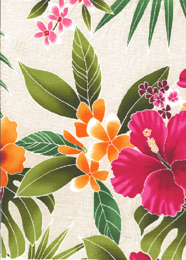 30ukuhi 44/45 Wide, All-Over. Stylized, multi-colored hibiscus, plumeria, orchids and ferns.