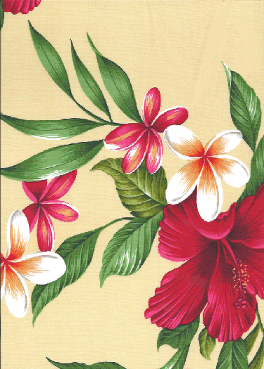 50'U hene Hibiscus plumeria, fern and palm fronds on cotton apparel fabric.