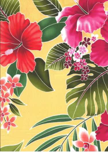 50ukuhi 44/45 Wide, All-Over. Stylized, multi-colored hibiscus, plumeria, orchids and ferns.