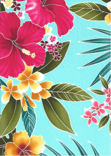 80ukuhi 44/45 Wide, All-Over. Stylized, multi-colored hibiscus, plumeria, orchids and ferns.