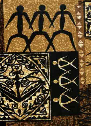 90lava Tropical Hawaiian Petra glyphs & Tiki masks  - non-upholstery  barkcloth fabric .