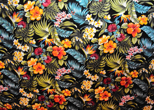 10moha Bird of Paradise, hibiscus, ginger with orchid flowers, cotton vintage Hawaiian apparel fabric.
