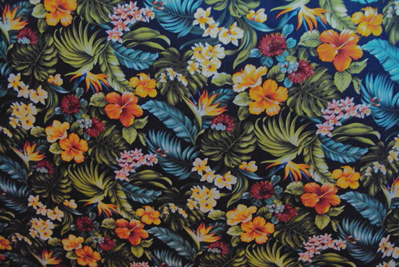 20moha Bird of Paradise, hibiscus, ginger with orchid flowers, cotton vintage Hawaiian apparel fabric.