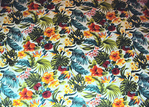 30moha Bird of Paradise, hibiscus, ginger with orchid flowers, cotton vintage Hawaiian apparel fabric.