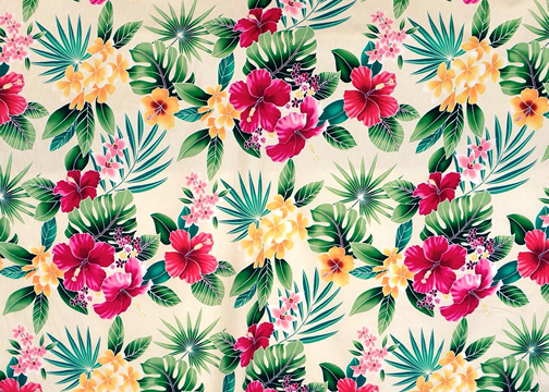 30ukuhi 44/45 Wide, All-Over. Stylized, multi-colored hibiscus, plumeria, orchids and ferns.