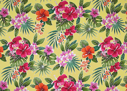 50ukuhi 44/45 Wide, All-Over. Stylized, multi-colored hibiscus, plumeria, orchids and ferns.