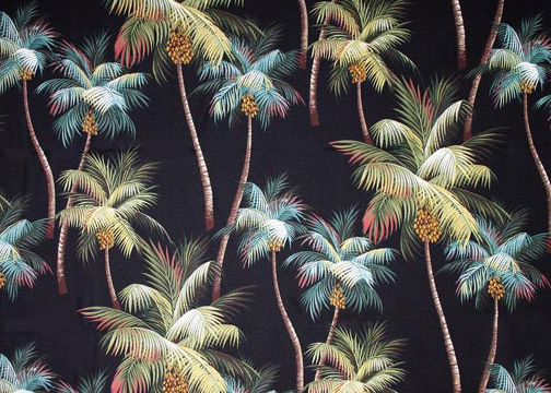 Waikiki Black Tropical Botanical Vintage Hawaiian Fabric Hawaiian Palm Trees on nubby bark cloth fabric.