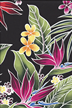 10lohi Tropical Botanical Vintage Hawaiian Fabric. All-Over floral. Stylized, brightly-colored bird of paradise, plumeria (frangipani), monstera, palm fronds and leaves..