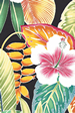 Welina - Barkcloth Hawaii Fabrics - Vintage Style Hawaiian Fabrics. Tropical Hawaiian stylized hibiscus, heliconia, and multi-colored leaves. a cotton apparel fabric.