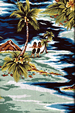 20isles Tropical Hawaiian Vintage Hula Girls, Diamond Head, palm trees, scenic print - on a cotton Hawaiian apparel fabric.