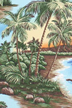 Scenic islands with views of Diamond Head, woody cars, hula girl playing an ukulele, palm trees, waterfalls, ferns, and a canoe.