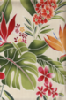 30lohi Tropical Botanical Vintage Hawaiian Fabric. All-Over floral. Stylized, brightly-colored bird of paradise, plumeria (frangipani), monstera, palm fronds and leaves..