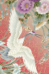 Redcrane crimson background, Gold-lined cranes, chrysanthemums, sakura (cherry blossoms), leaves, Japanese yew trees and leaves.
