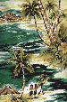 50isles Tropical Hawaiian Vintage Hula Girls, Diamond Head, palm trees, scenic print - on a cotton Hawaiian apparel fabric.