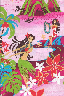 Vintage Style Hawaiian Large scale, whimsical hula dancers, palm trees, flowers, and naholo
 ferns, 
				 on a cotton poplin apparel fabric.