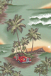 Scenic islands with views of Diamond Head, woody cars, hula girl playing an ukulele, palm trees, waterfalls, ferns, and a canoe.