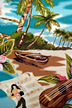Aulike - Barkcloth Hawaii Fabrics - Vintage Style Hawaiian Fabrics. Hawaiian scenic print with hula girls, ukulele, ocean and canoes.