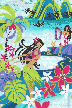 Vintage Style Hawaiian Large scale, whimsical hula dancers, palm trees, flowers, and naholo
 ferns, 
				 on a cotton poplin apparel fabric.
