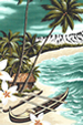 80luloni Tropical Fabric - Scenic, diamond head, straw huts, canoes, plumeria (frangipani), palm trees, and ocean. 