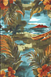 80noi Tropical Hawaiian Diamond Head, Hula Huts and canoes on a gray cotton apparel fabric.