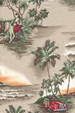 Scenic islands with views of Diamond Head, woody cars, hula girl playing an ukulele, palm trees, waterfalls, ferns, and a canoe.