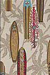 90surfs up surfboards, and palm trees on a beige - taupe reversible apparel cotton, Hawaiian vintage style fabric.