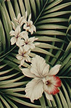 Fern Black Barkcloth Upholstery orchids - Hawaiian vintage style fabric