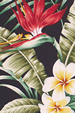 Mauna wili Black Tropical Hawaiian Bird Of Paradise and plumeria Flowers on bark crepe textured bark cloth fabric