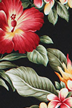 Hiwahiwa Black vintage hibiscus, plumeria (frangipani), torch ginger and leaves. on a soft cotton fabric.