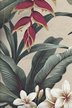 Tropical Hawaiian Heliconia and Plumeria Flowers on a nubby textured upholstery weight bark cloth fabric.
