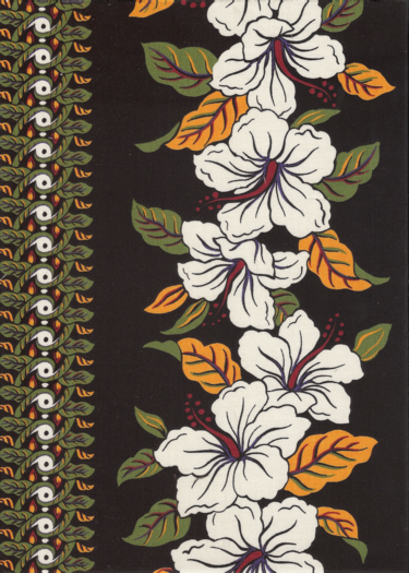 10ana black background panel lei style with hibiscus flowers - cottomn poplin.