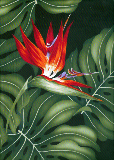 Vintage Style Hawaiian Fabrics
 Tropical Botanical Vintage Hawaiian Barkcloth Fabric -  bird of paradise flowers,& monstera leaves on a cotton apparel fabric.