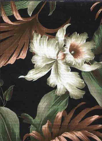 10eqr - Black Tropical Hawaiian Vintage Orchid Flowers on a cotton Hawaiian non-upholstery barkcloth fabric.