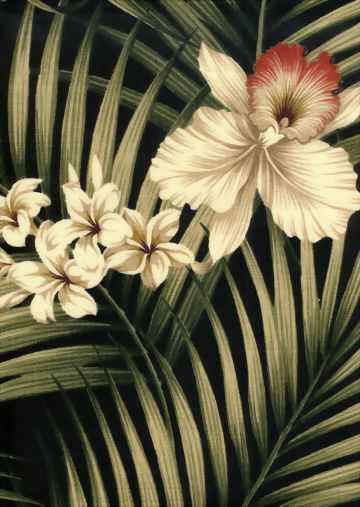 Fern Black Tropical Botanical Vintage Hawaiian Fabric -  orchid & plumeria flowers, cotton barkcloth upholstery fabric.