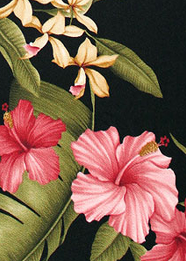 Hamakua Black Tropical Botanical Vintage Hawaiian Fabric -  upholstery, hibiscus & ginger cotton Hawaiian vintage style fabric.