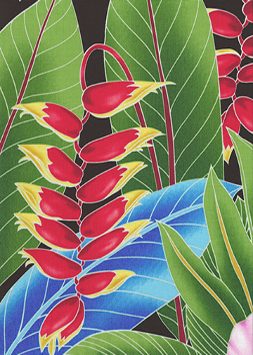 10ho' oni - Vintage Style Hawaiian Large scale, colorful hibiscus, heliconia, 
				and various tropical ferns and leaves, on a cotton poplin apparel fabric.