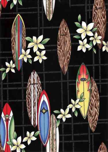 10huahina Tropical Hawaiian Vintage surfboards, plumeria flowers, on a plaid cotton apparel fabric.