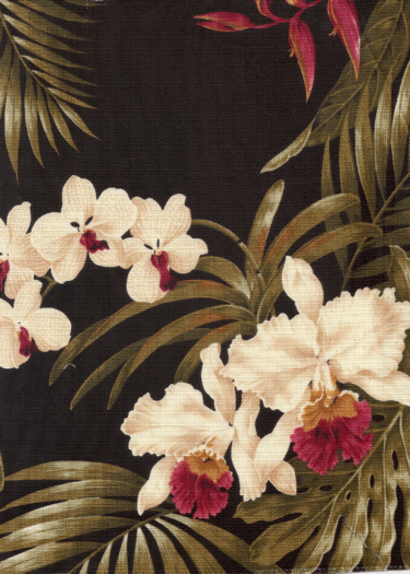 10kohala Tropical Botanical Vintage Hawaiian Fabric orchid & heliconia flowers - black cotton barkcloth fabric.