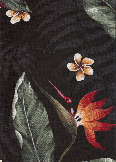 10kua Tropical Hawaiian Bird of paradise & plumeria -  non-upholstery black cotton barkcloth fabric.