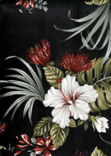 10lehua Tropical Hawaiian hibiscus, plumeria & lehua flowers on a cotton non-upholstery 
		barkcloth fabric - Hawaiian vintage style fabric.