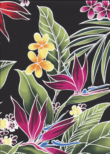 10lohi  Tropical Botanical Vintage Hawaiian Fabric. Bird of Paradise. orchid, and Plumeria flowers, ferns and leaves on a black cotton fabric.