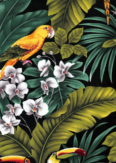 10mamo Birds - Parrots and Macaws with orchid flowers, cotton apparel fabric.