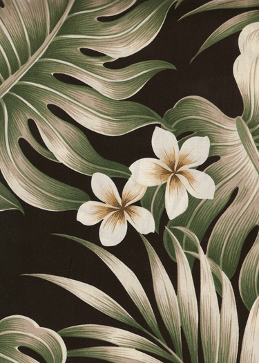  Tropical Botanical Vintage Hawaiian Fabric.
			Cotton Poplin, 44/45 inch Wide, All-Over. naholo
 and palm fronds with plumeria flowers