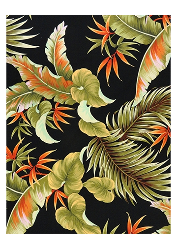 10naku -  A botanical print of tropical leaves, on a black cotton apparel weight fabric.
