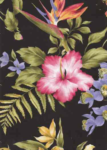 10nurie Tropical Hawaiian orchid bird of paradise & orchids on a black non-upholstery barkcloth fabric Hawaiian vintage style fabric.