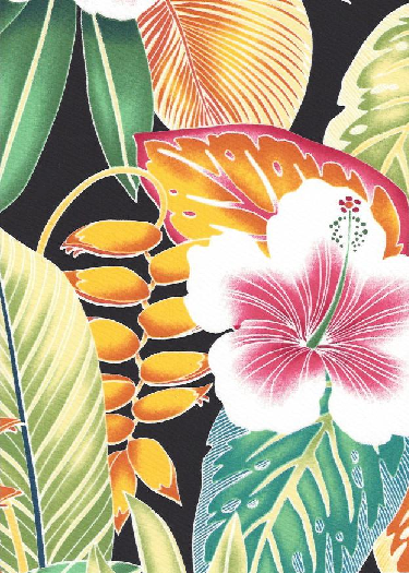 Welina - Barkcloth Hawaii Fabrics - Vintage Style Hawaiian Fabrics. Tropical Hawaiian stylized hibiscus, heliconia, and multi-colored leaves. a cotton apparel fabric.