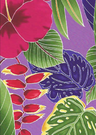 11ho' oni - Vintage Style Hawaiian Large scale, colorful hibiscus, heliconia, 
				and various tropical ferns and leaves, on a cotton poplin apparel fabric.