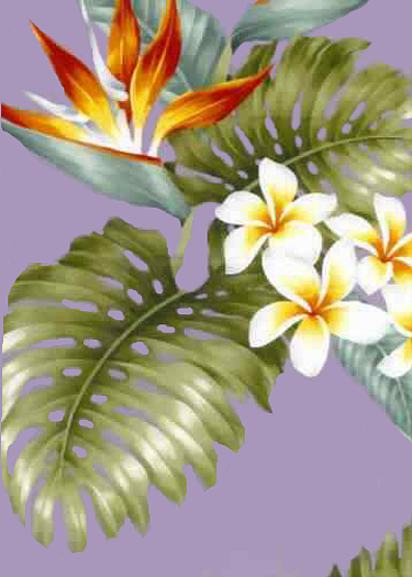 11ola Tropical Botanical Vintage Hawaiian Fabric bird of paradise & plumeria flowers, cotton apparel fabric.